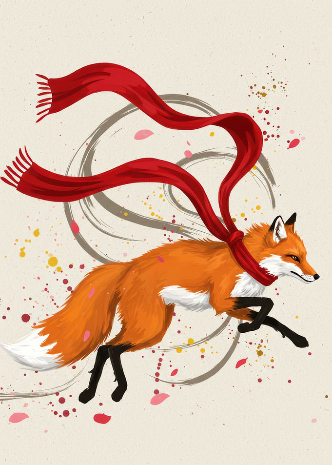 Fox with Red Scarf Illustration