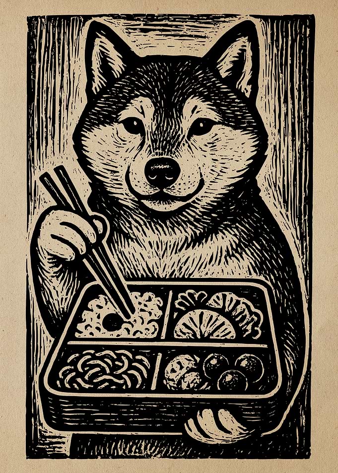Shiba Inu with Bento Box Linocut