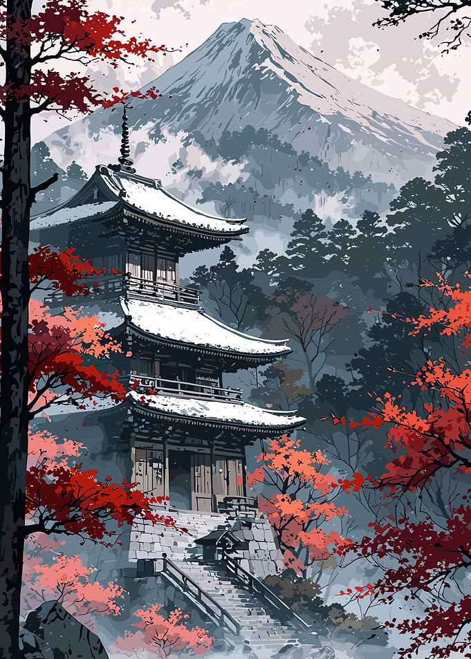 Japanese Pagoda with Autumn Foliage