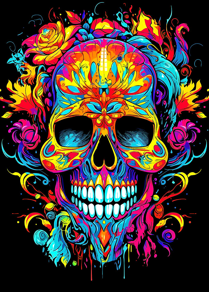 Colorful Floral Skull on Black Background