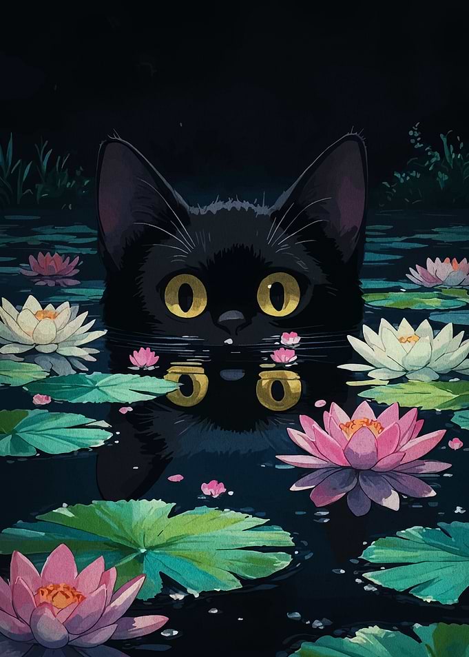 Black Cat in Lily Pond