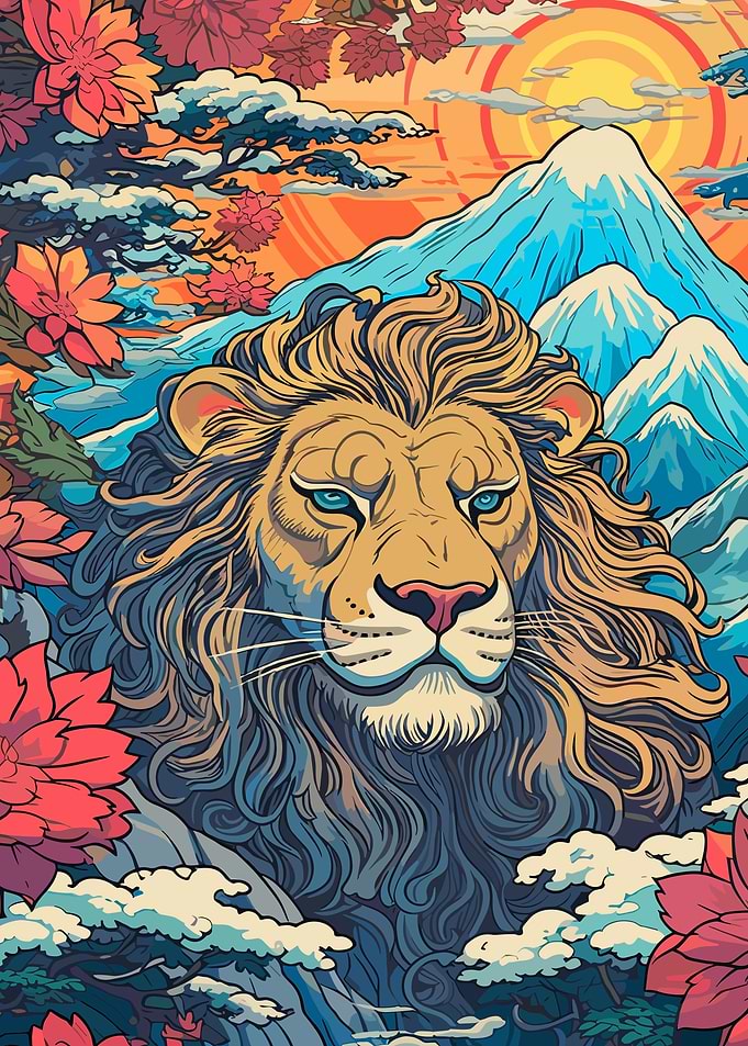 Lion with Mountain and Floral Background