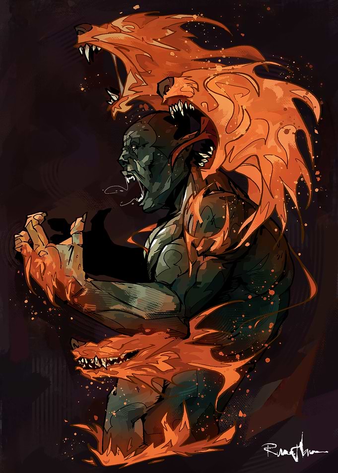 Man with Fiery Wolves Digital Art