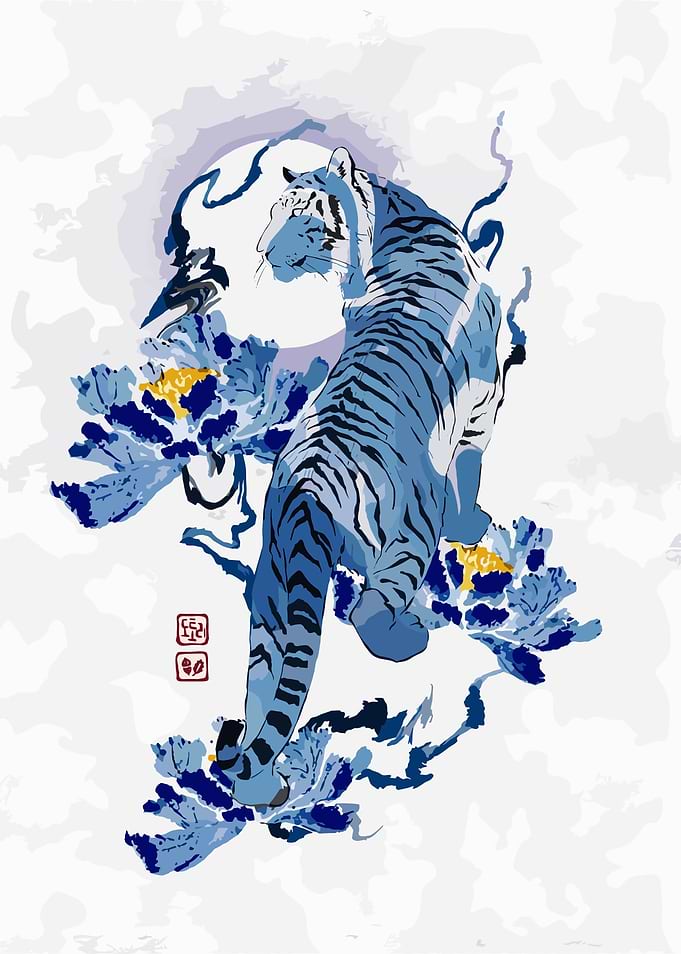Blue Tiger with Flowers Illustration