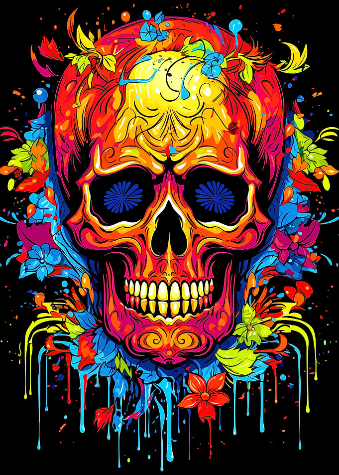Colorful Floral Skull Illustration on Black