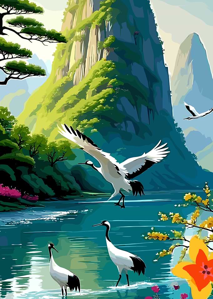 Japanese Cranes in Mountain Landscape