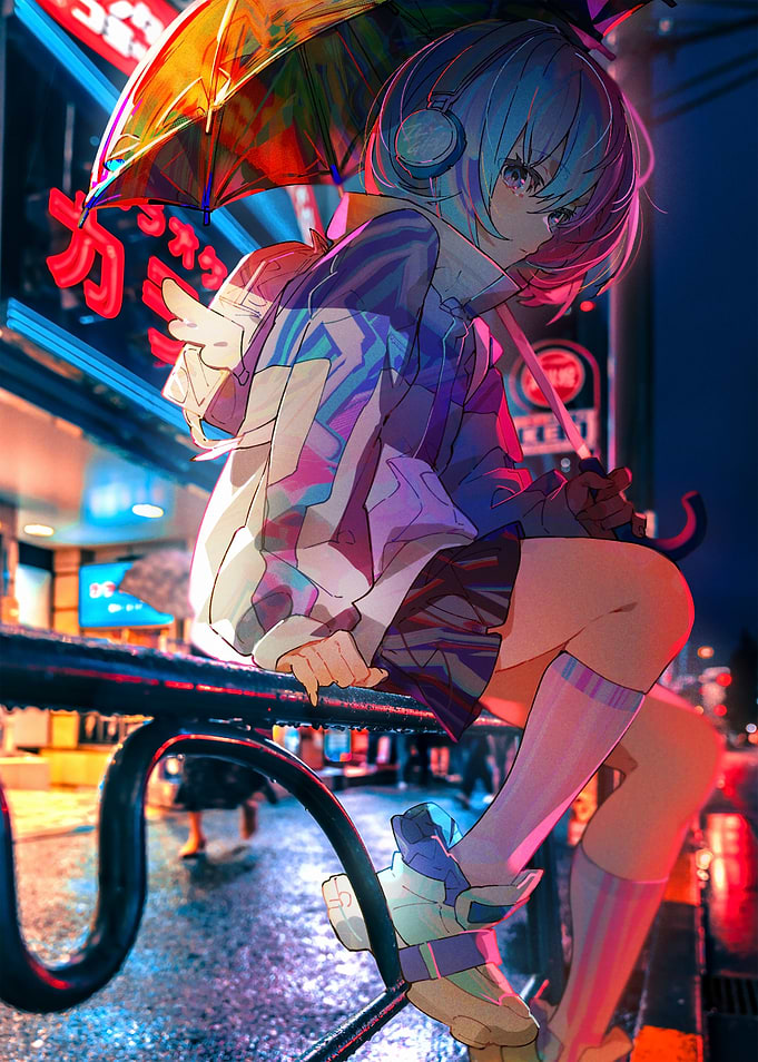 Anime Girl in Rainy Cityscape