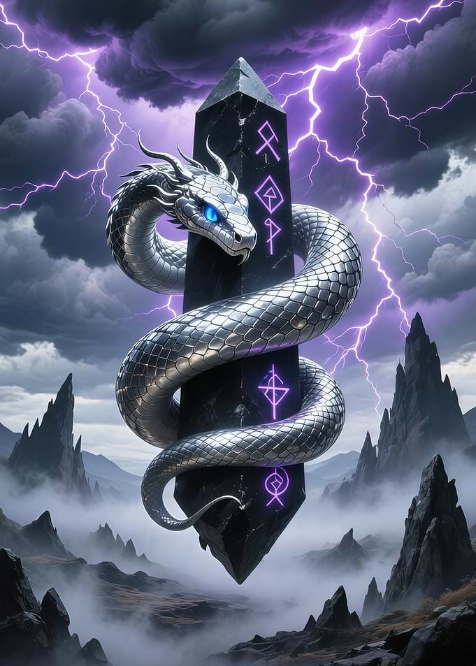 Silver Dragon Coiled Around Runestone