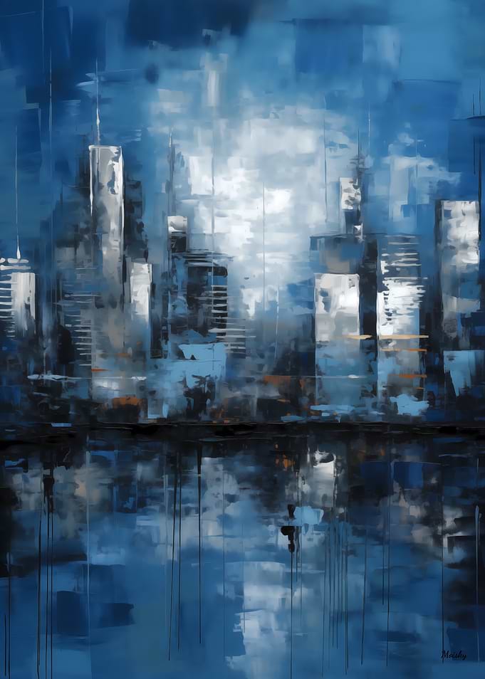 Blue Urban Skyline – Abstract Cityscape Reflection Painting