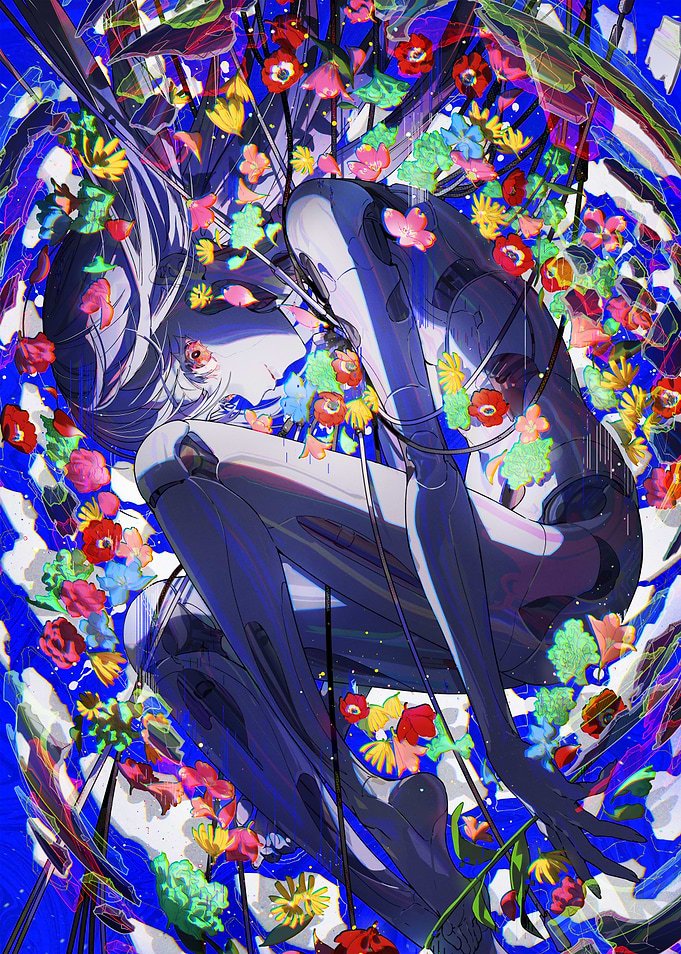 Robot Girl Surrounded by Flowers