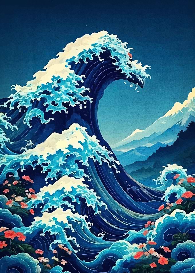 Great Wave with Flowers and Mountains