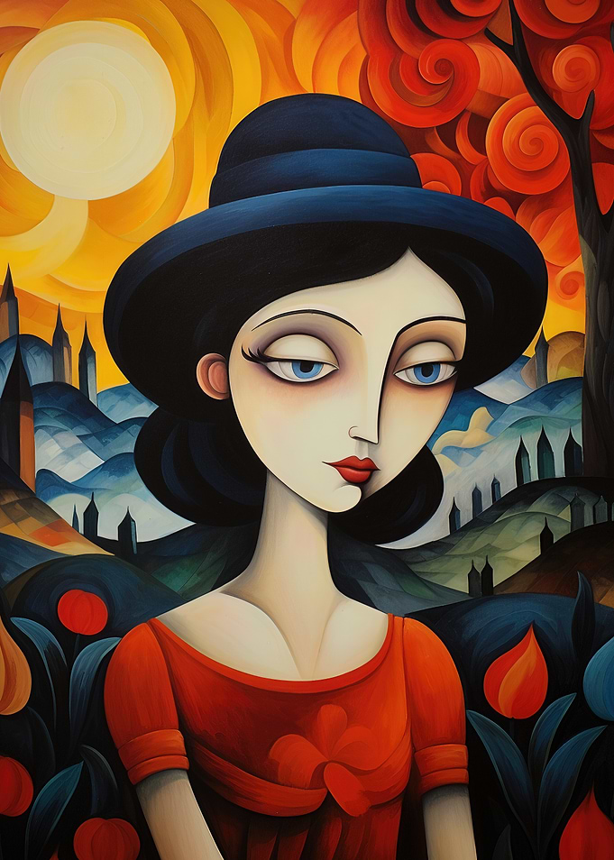 Elegant Woman in Hat, Abstract Painting