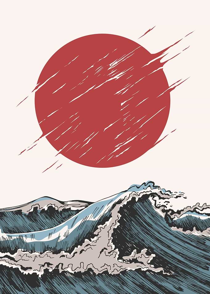 Japanese Sun and Waves Illustration