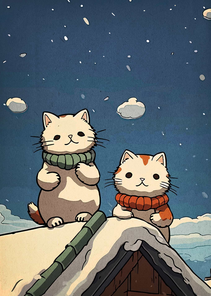 Winter Cats on Snowy Rooftop