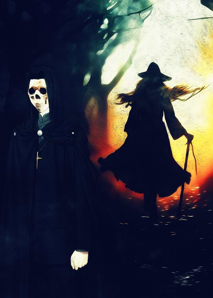 Grim Reaper and Witch in Dark Forest
