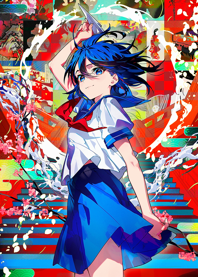 Anime Girl with Sword in Colorful Setting