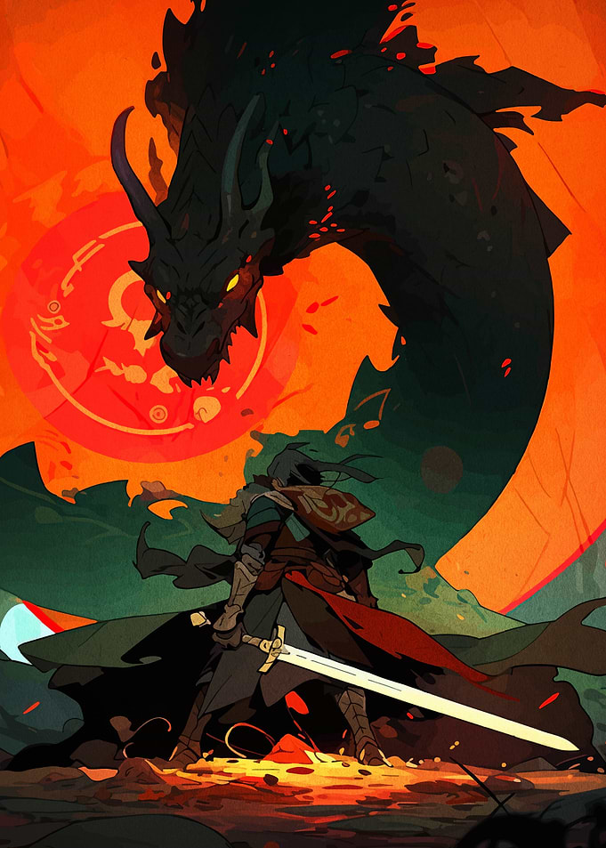 Warrior facing a dragon illustration