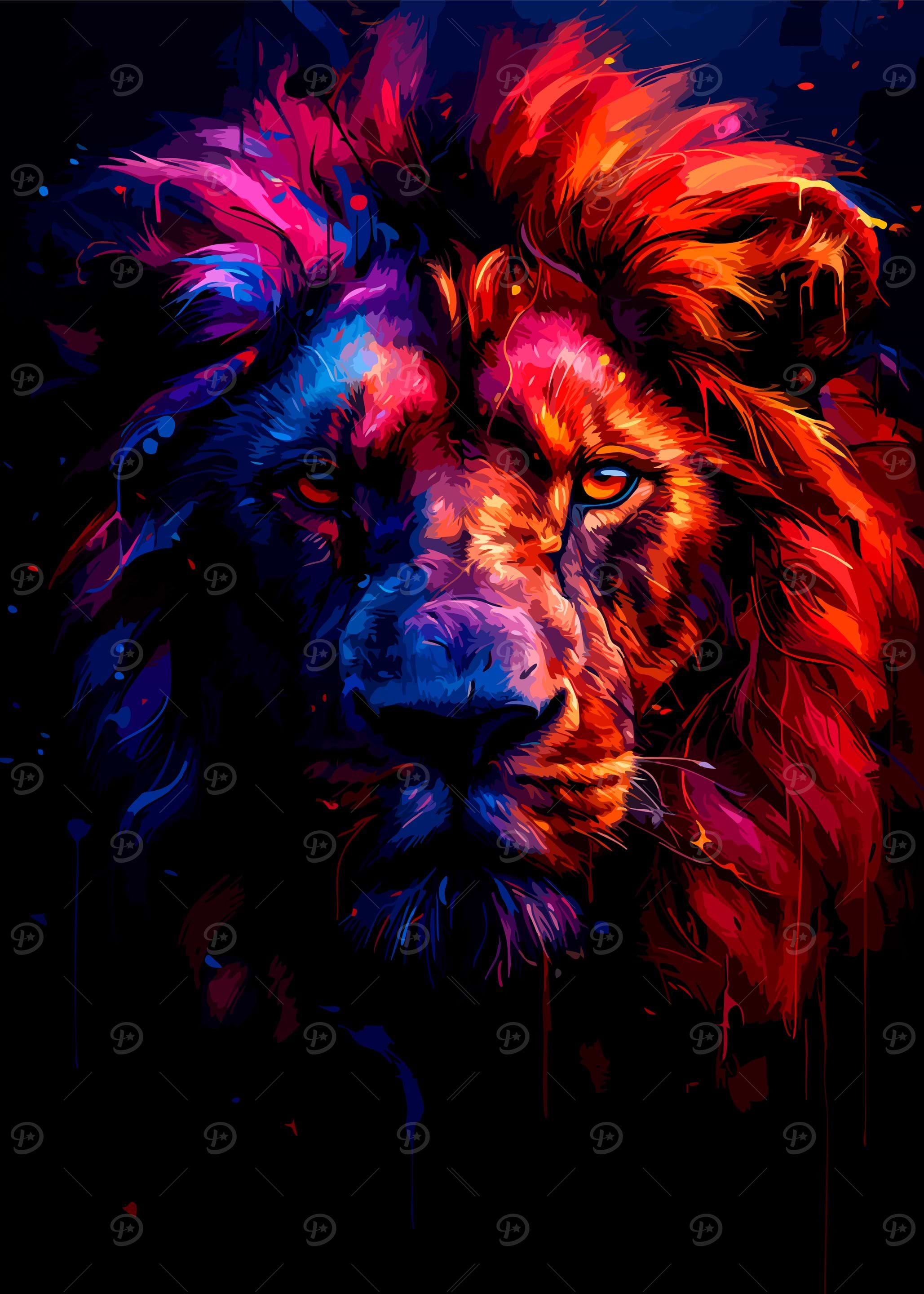 Colorful Lion Portrait on Black Background