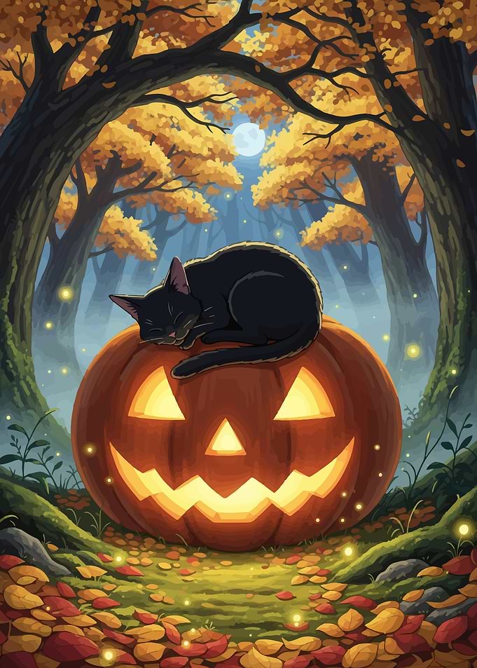 Black Cat Sleeping on Halloween Pumpkin