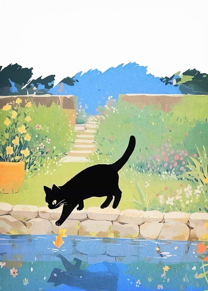 Black cat in garden painting