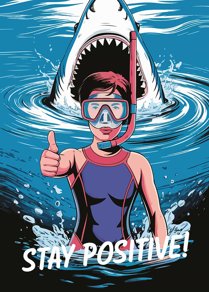 Stay Positive: Diver and Shark Illustration