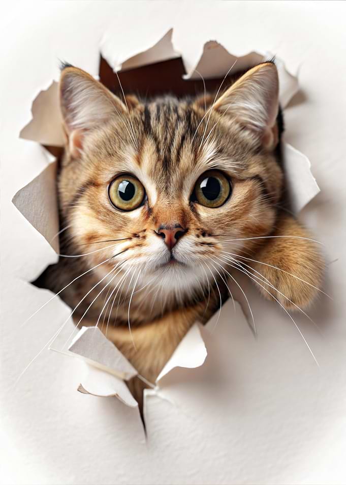 Cat Poking Through Torn Paper Wall