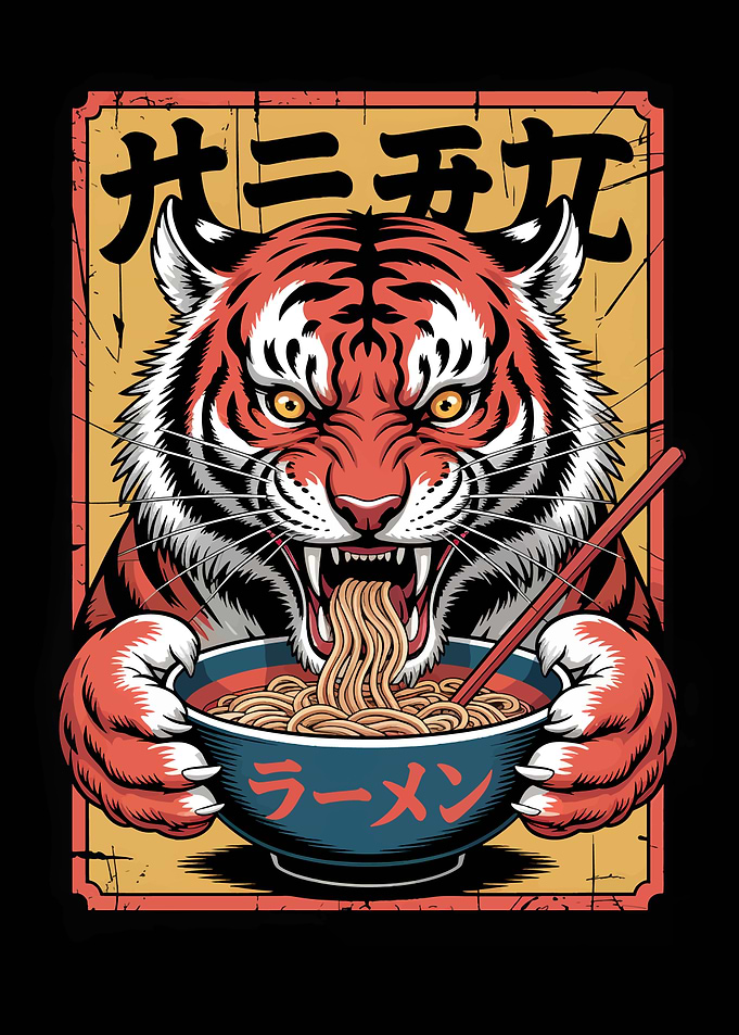 Tiger Eating Ramen Illustration