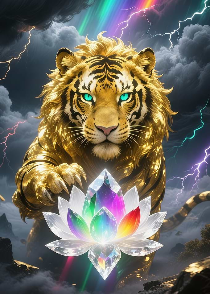 Golden Tiger with Crystal Lotus Flower