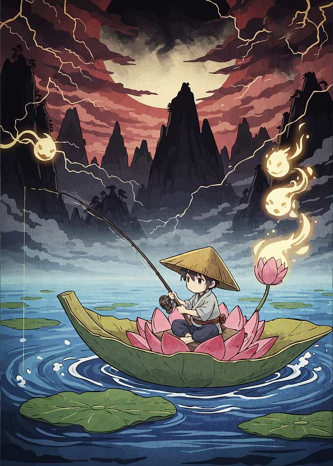 Boy Fishing Lotus Boat