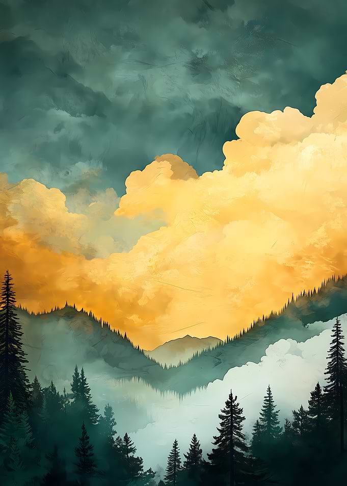 Golden Clouds Over Pine Forest Mountainscape