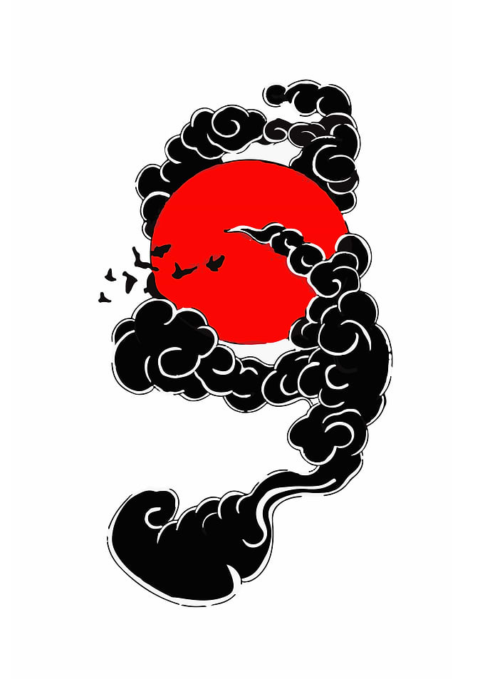 Red Sun with Black Clouds and Birds