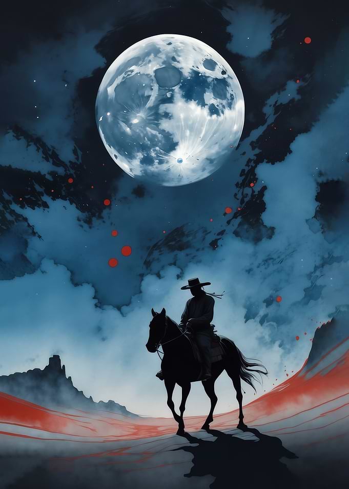 Cowboy on Horseback Under Full Moon