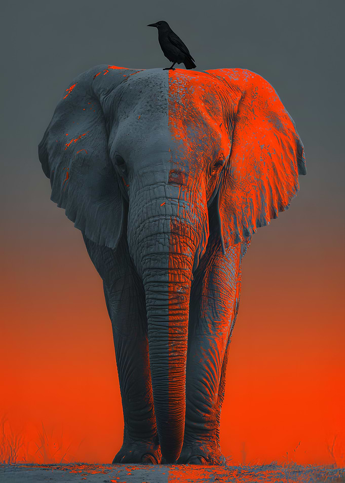 Elephant and Crow with Orange Overlay