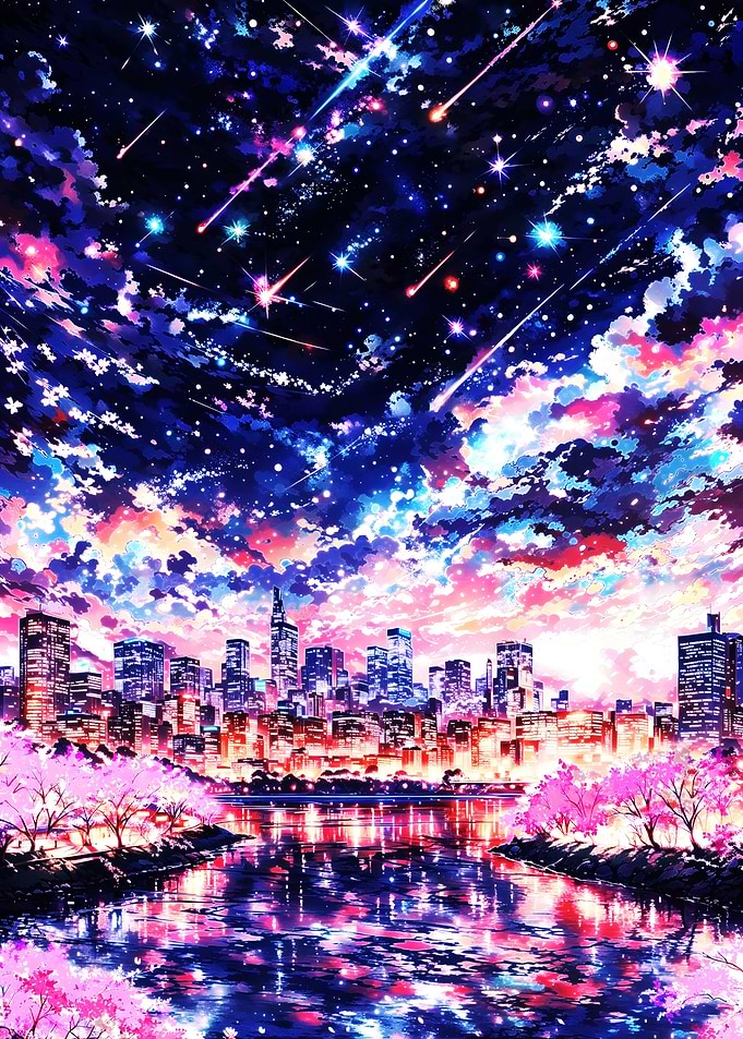 Starlit Sakura - Meteor Shower over City River Starry Sky