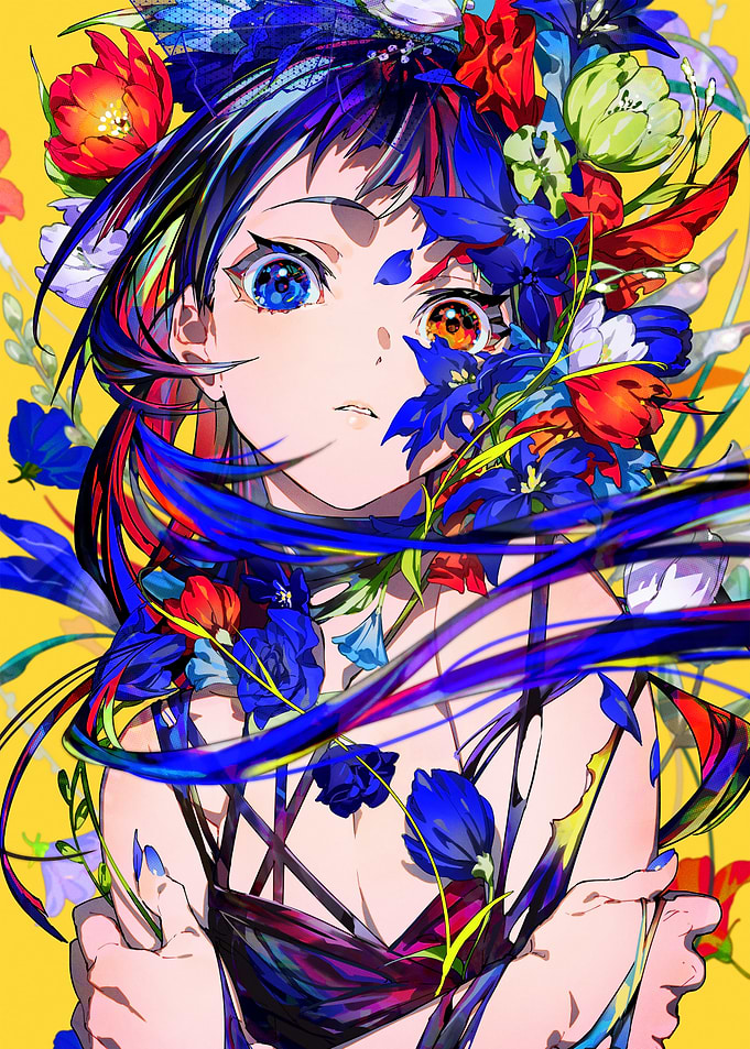 Floral Anime Girl with Heterochromia