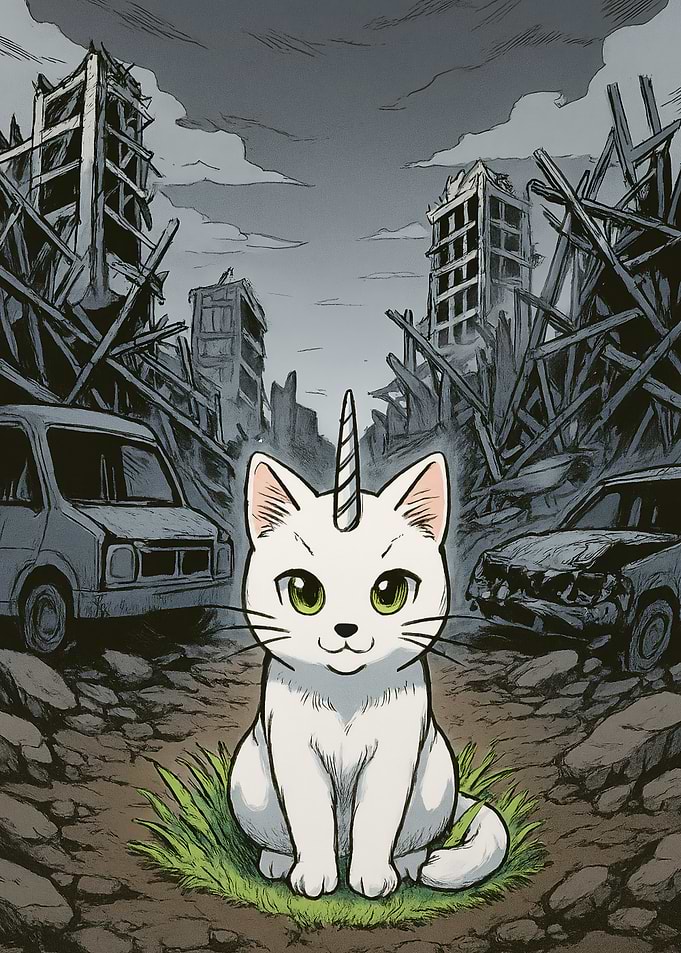 Unicorn-Cat in Post-Apocalyptic Landscape