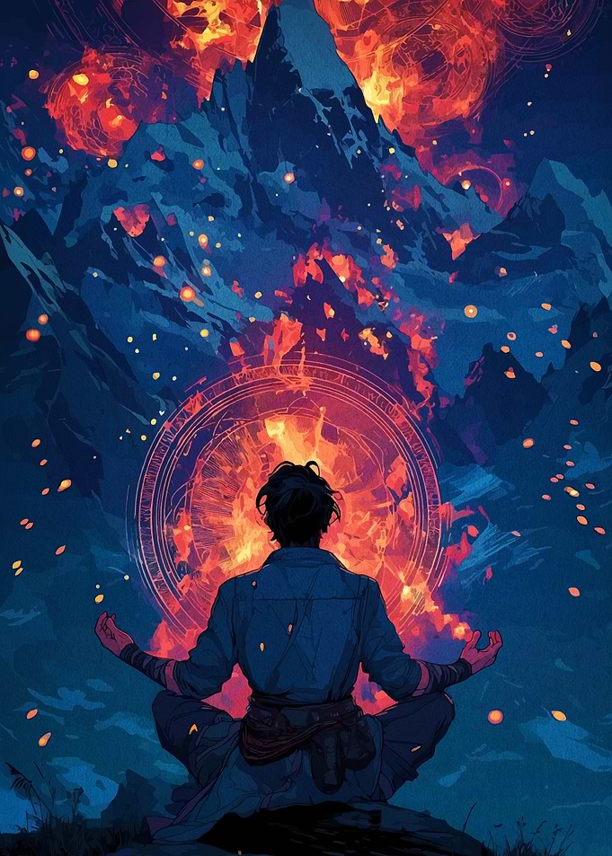 Meditating Figure with Fiery Mountain Backdrop