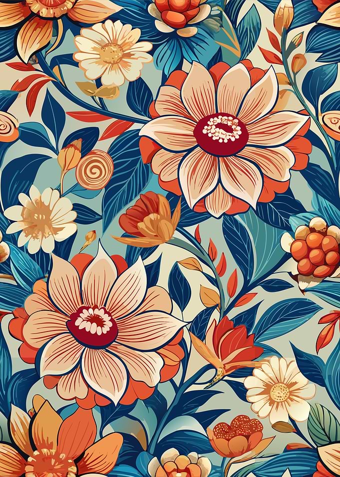 Floral Pattern with Orange and Blue
