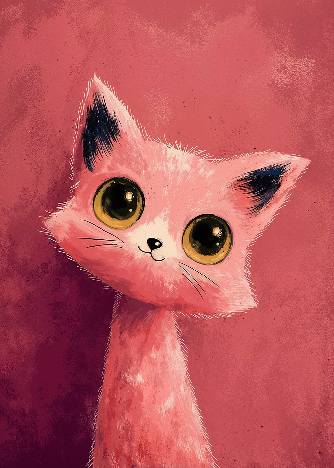 Pink Cartoon Cat with Big Eyes