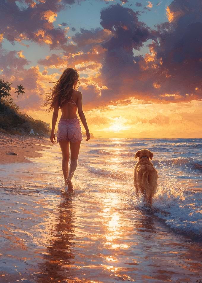 Woman and Dog Walking on Beach