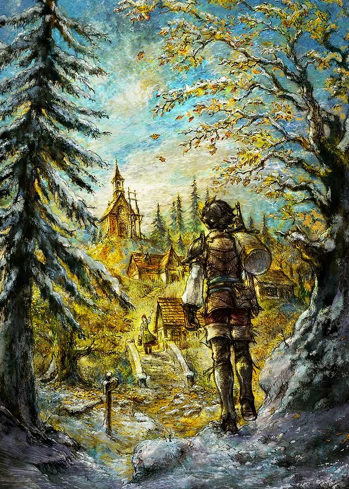 Traveler's Journey to a Snowy Village