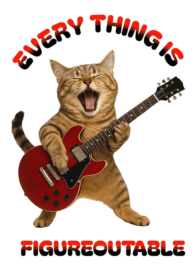 Cat playing guitar with text overlay