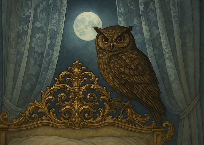 Owl Perched on Ornate Bed Headboard
