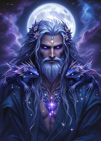 Fantasy Wizard with Dragons and Moon