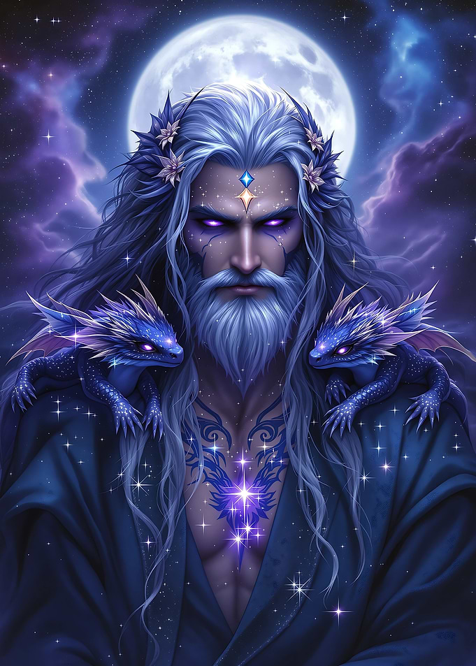 Fantasy Wizard with Dragons and Moon