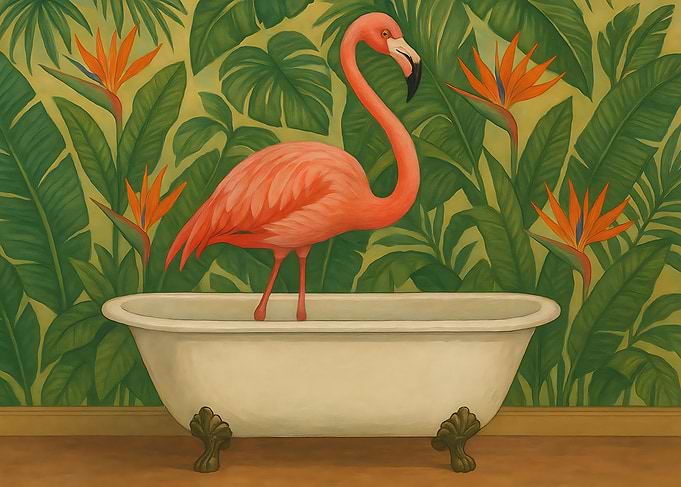 Flamingo in Bathtub with Tropical Background