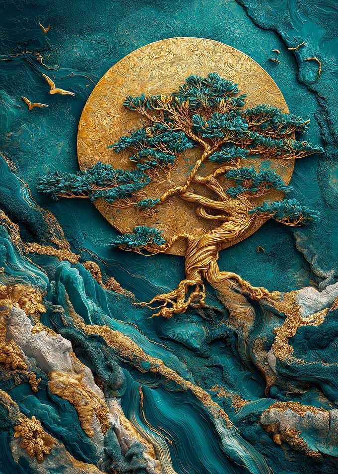 Golden Tree and Teal Landscape Art
