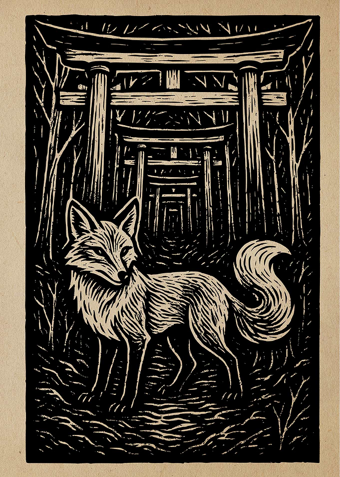 Fox and Torii Gates Woodcut Print