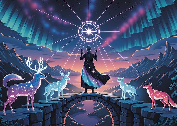 Mystical Figure with Starry Animals