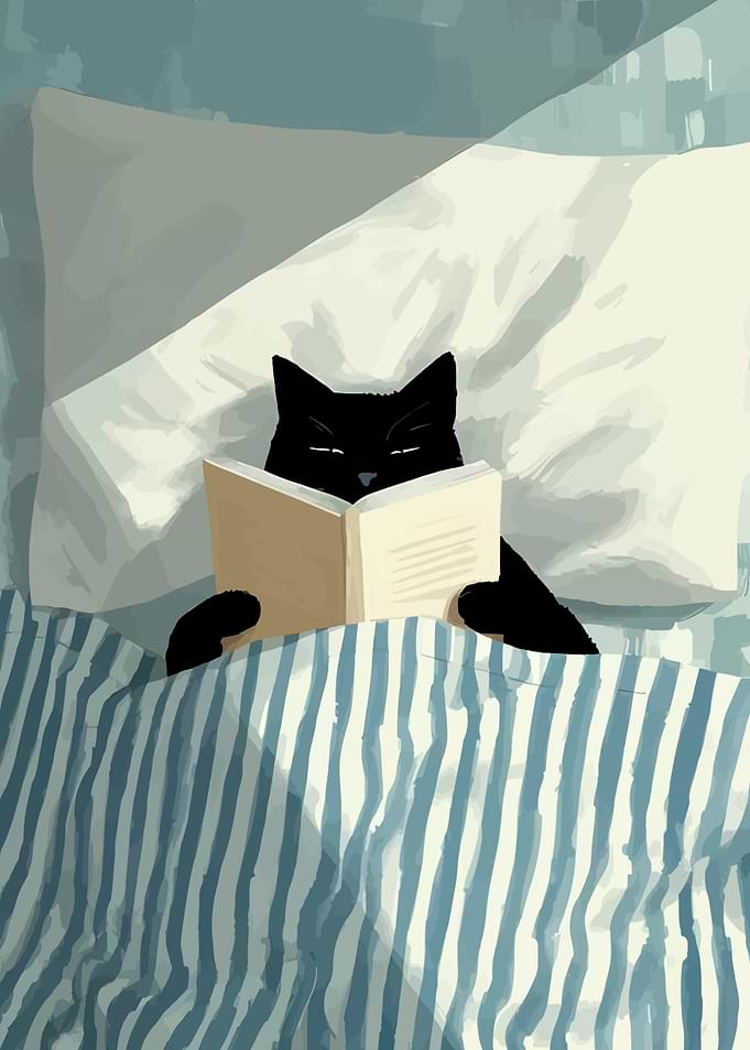 Black Cat Reading in Bed